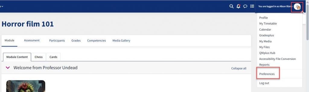 This is a QMplus site with the profile icon selected and preferences highlighted in a drop down box.